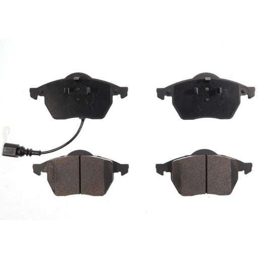 Four BFD687ASM ProSeries OE Brake Pads in black, arranged in a 2x2 grid, with one pad from the bottom left having an attached sensor cable.