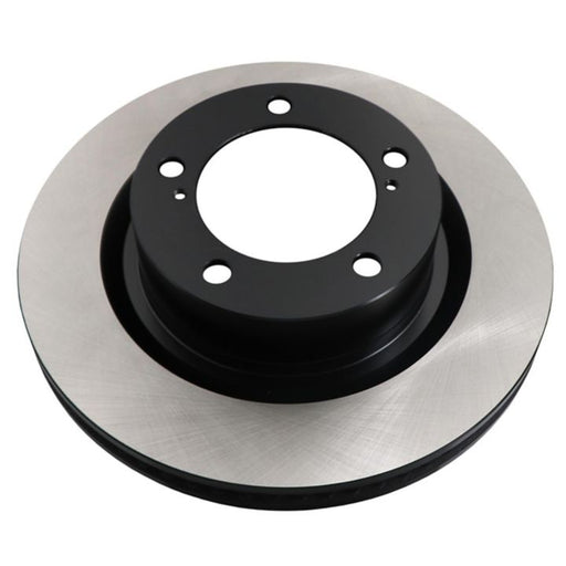 A C26490 ProSeries OE+ Brake Rotor in black and silver, featuring multiple drilled holes and viewed from an angle.