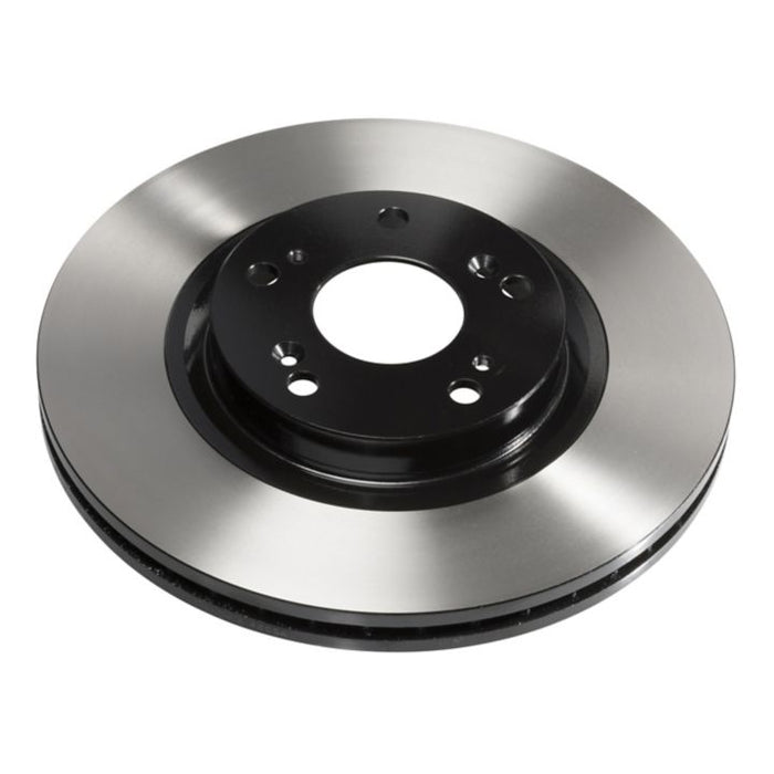 A single C26412 ProSeries OE+ Brake Rotor featuring a shiny metal surface, a dark center, and multiple holes for attachment.
