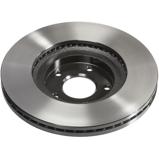 Close-up of a C26593 ProSeries OE+ Brake Rotor with a metallic finish, showcasing its ventilation grooves.