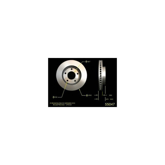 Diagram of a car brake disc with dimensions labeled in millimeters. The "55047 Pro-Series OE Brake Rotor" part number is shown at the bottom.