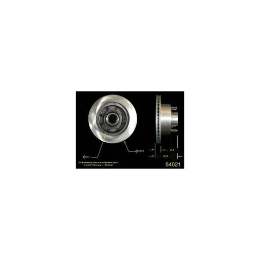 Two views of the 54021 Pro-Series OE Brake Rotor with dimensional specifications outlined. Text and measurement annotations present.