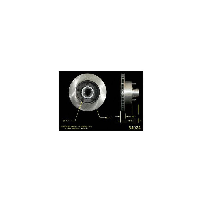 Side and front view of a mechanical part with dimensions displayed, identified as the 54024 Pro-Series OE Brake Rotor.