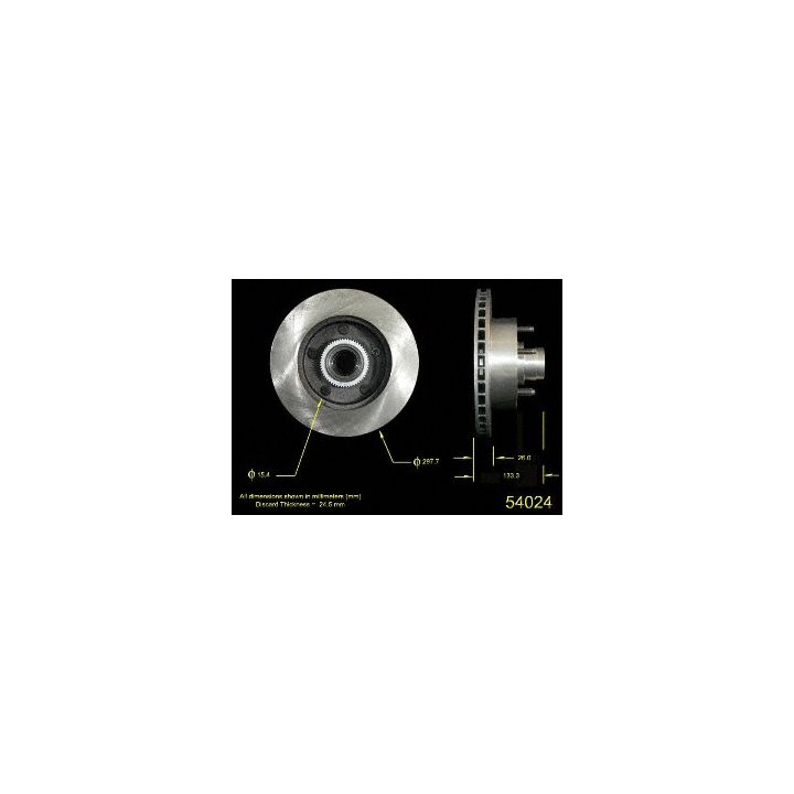 Side and front view of a mechanical part with dimensions displayed, identified as the 54024 Pro-Series OE Brake Rotor.