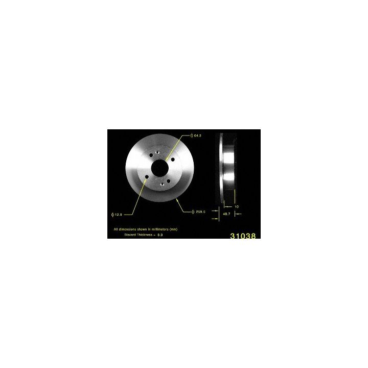 The 31038 Pro-Series OE Brake Rotor features labeled measurements for diameter, thickness, and bore size in millimeters.