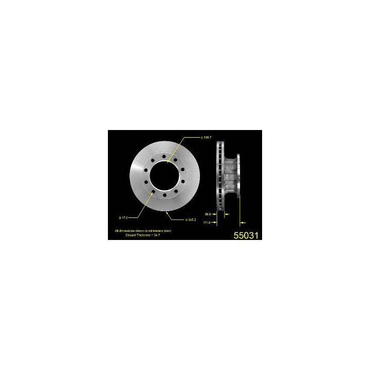 55031 Pro-Series OE Brake Rotor diagram showing dimensions and specifications, including diameter and thickness, on a black background.