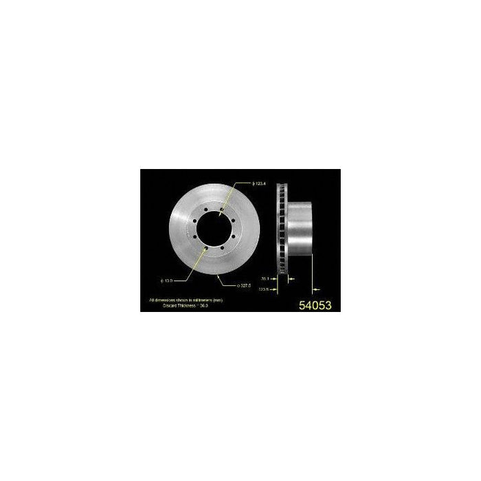 Image of the 54053 Pro-Series OE Brake Rotor showing measurements such as diameter, thickness, and other specifications labeled.
