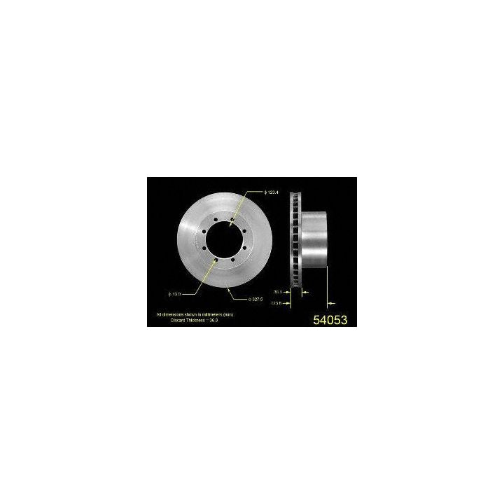 Image of the 54053 Pro-Series OE Brake Rotor showing measurements such as diameter, thickness, and other specifications labeled.