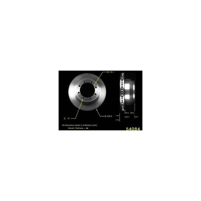 Side and front views of the 54084 Pro-Series OE Brake Rotor with measurements for dimensions and thickness indicated in millimeters.