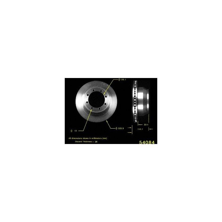 Side and front views of the 54084 Pro-Series OE Brake Rotor with measurements for dimensions and thickness indicated in millimeters.