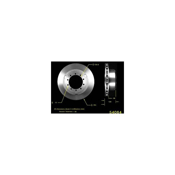 Image displaying the front and side views of the 54064 Pro-Series OE Brake Rotor, with dimensions marked by arrows and measurements specified.