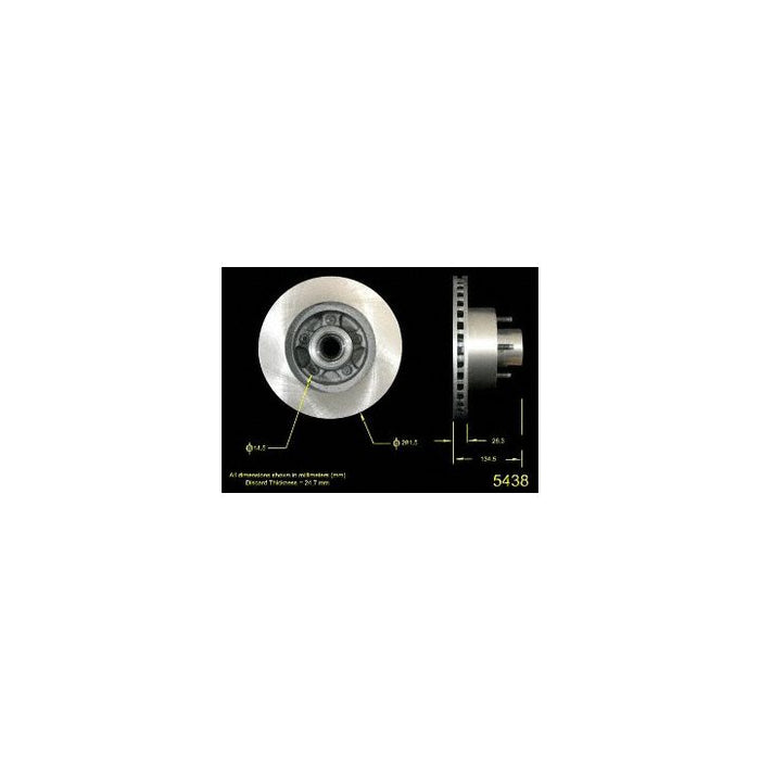 Two views of the 5438 Pro-Series OE Brake Rotor with dimensions and specifications indicated by arrows. Black background, yellow text.