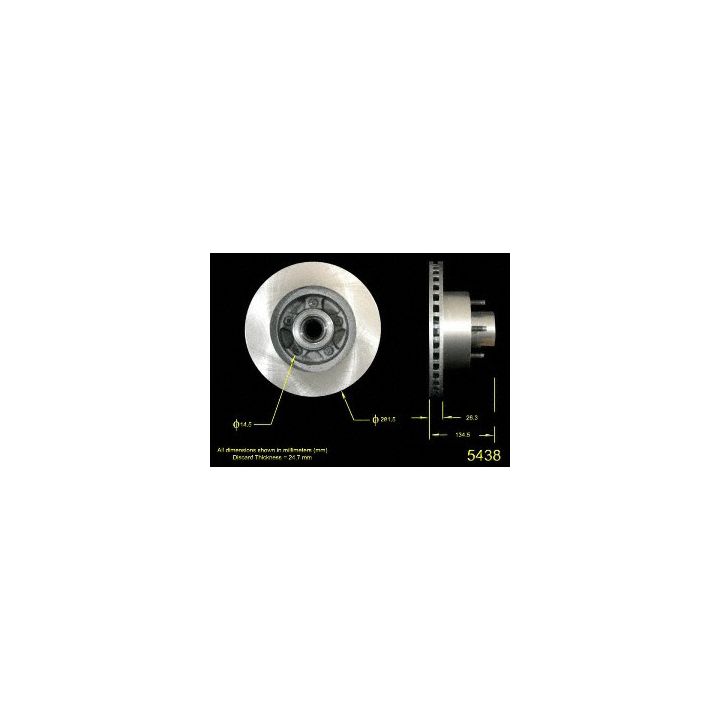 Two views of the 5438 Pro-Series OE Brake Rotor with dimensions and specifications indicated by arrows. Black background, yellow text.