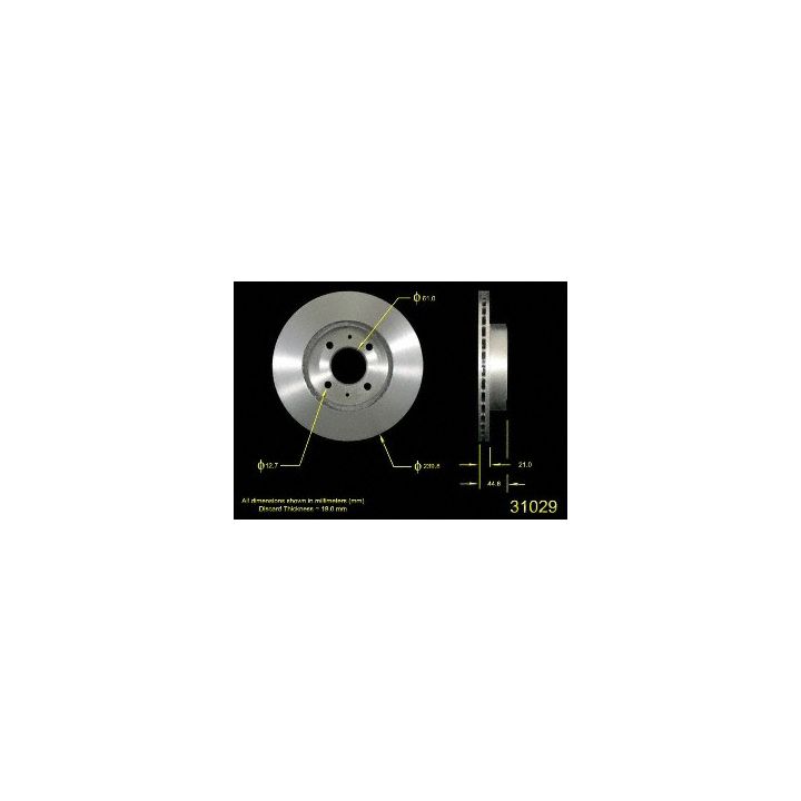 Image displaying the 31029 Pro-Series OE Brake Rotor with measurements labeled, including diameter, thickness, and offsets, set against a black background.