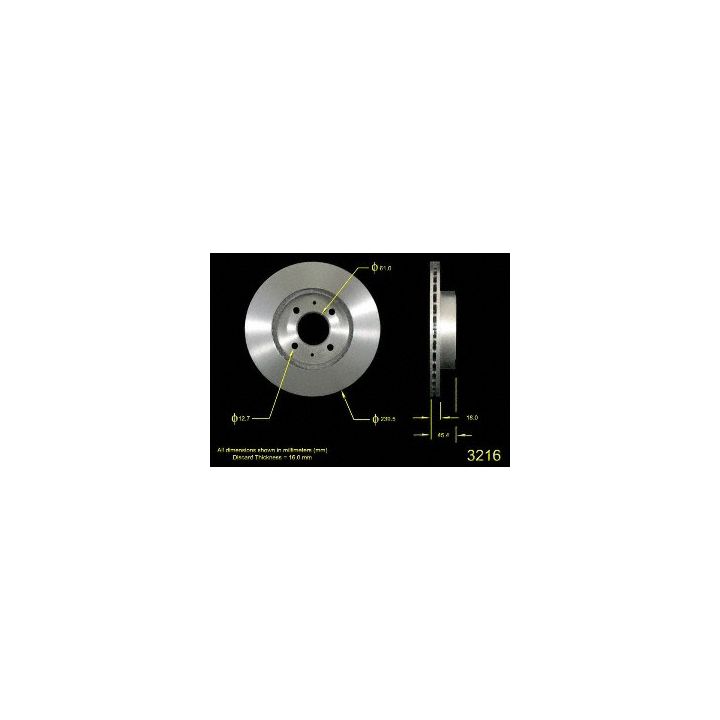 Vertical and horizontal views of the 3216 Pro-Series OE Brake Rotor, with labeled dimensions.