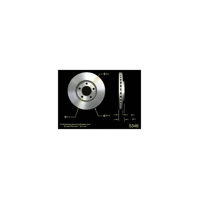 Diagram showing detailed dimensions of the 5346 Pro-Series OE Brake Rotor, including thickness, diameter, and side profile view.
