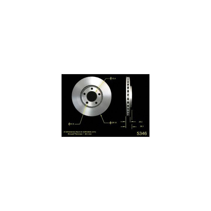 Diagram showing detailed dimensions of the 5346 Pro-Series OE Brake Rotor, including thickness, diameter, and side profile view.