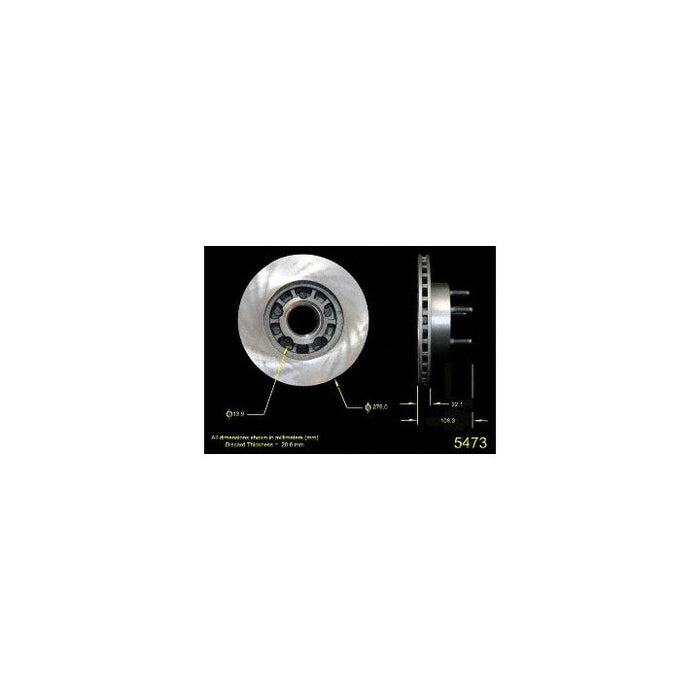 Two views of the 5473 Pro-Series OE Brake Rotor, a metallic car brake disc, with labeled dimensions, displayed against a black background.