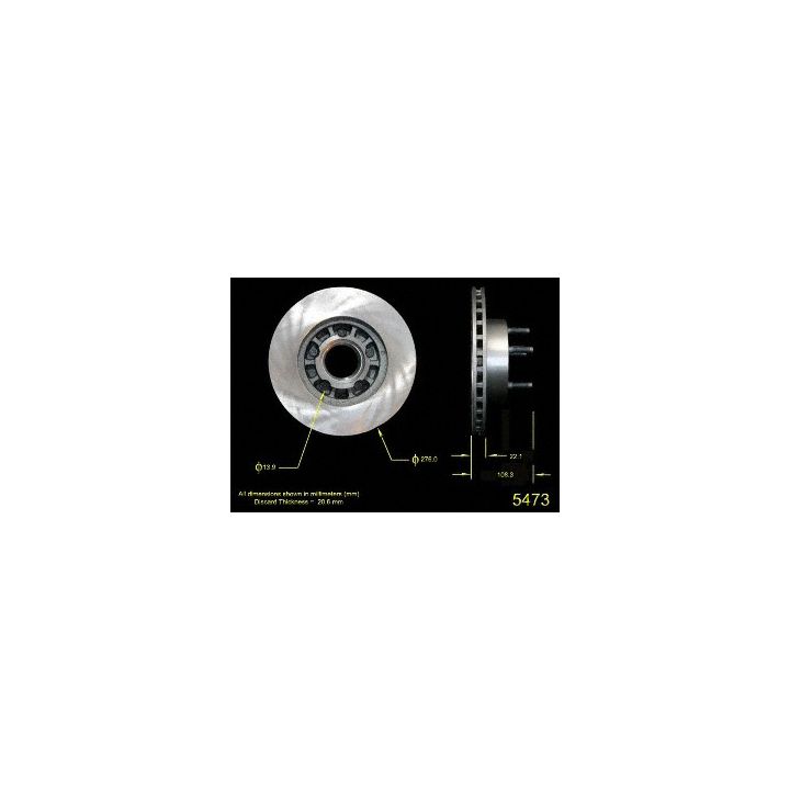 Two views of the 5473 Pro-Series OE Brake Rotor, a metallic car brake disc, with labeled dimensions, displayed against a black background.