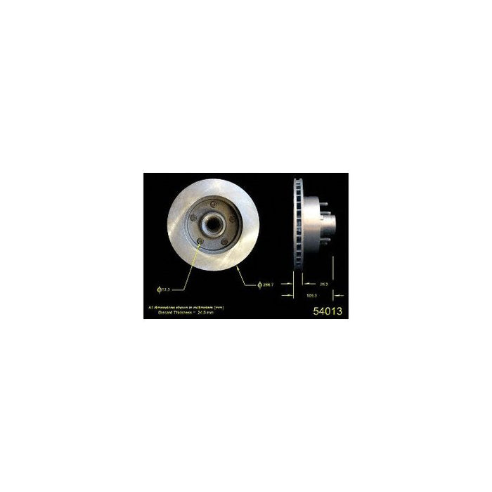 Two views of the 54013 Pro-Series OE Brake Rotor, showcasing its metallic finish with dimensions and specifications highlighted in yellow text against a black background.