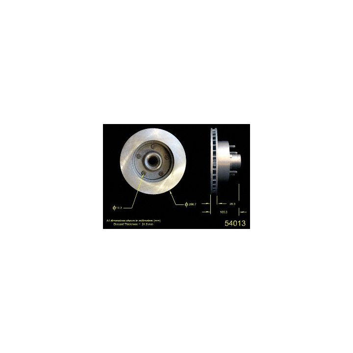 Two views of the 54013 Pro-Series OE Brake Rotor, showcasing its metallic finish with dimensions and specifications highlighted in yellow text against a black background.