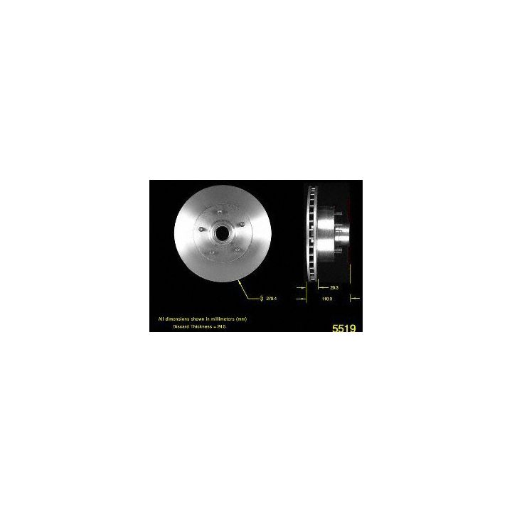 Image displaying the 5519 Pro-Series OE Brake Rotor from two angles with detailed measurements in millimeters against a black background.