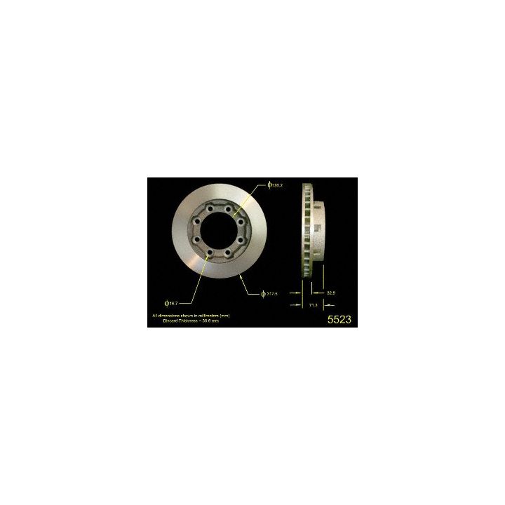 Two views of the 5523 Pro-Series OE Brake Rotor displaying its measurements and specifications on a black background.