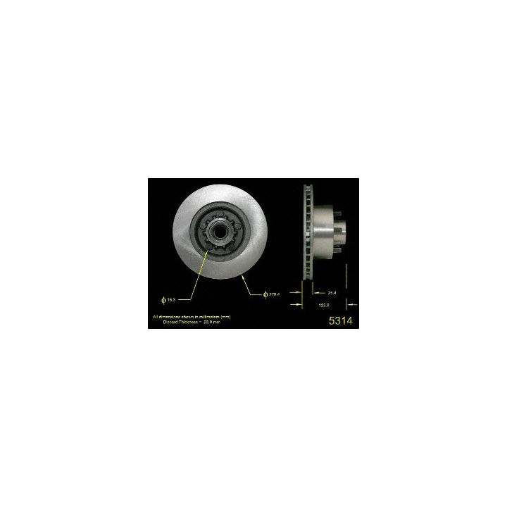 Side and front view of the 5314 Pro-Series OE Brake Rotor, a metal mechanical part with measurements labeled, against a black background.