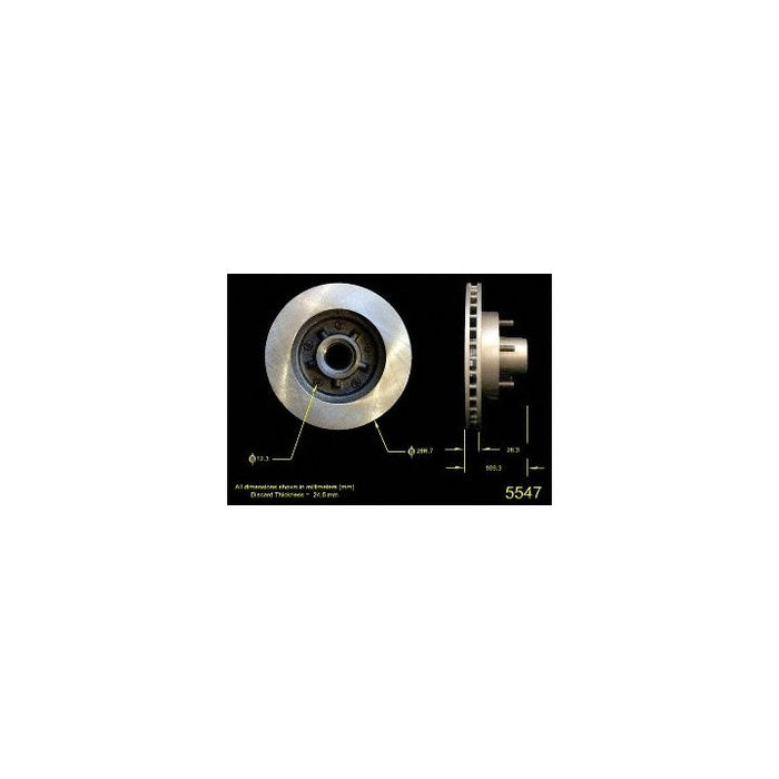 Two 5547 Pro-Series OE Brake Rotors are displayed against a black background, one face-on and one in side view, with measurements indicated.