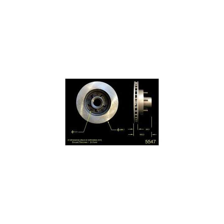 Two 5547 Pro-Series OE Brake Rotors are displayed against a black background, one face-on and one in side view, with measurements indicated.