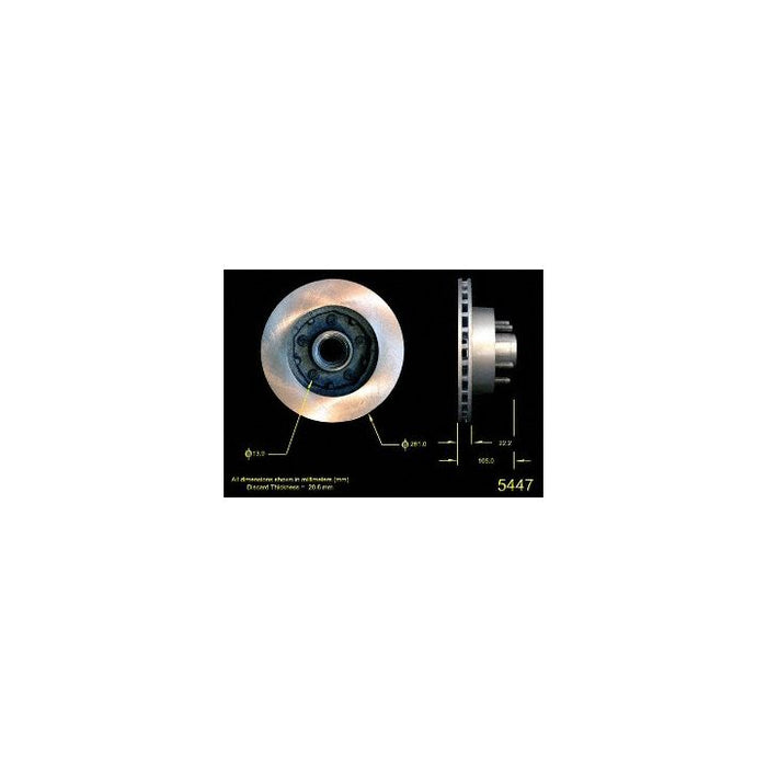 Two 5447 Pro-Series OE Brake Rotors are displayed with their dimensions and labels against a black background.