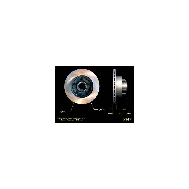 Two 5447 Pro-Series OE Brake Rotors are displayed with their dimensions and labels against a black background.