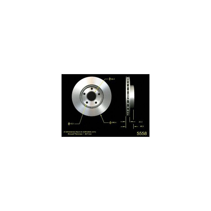 Diagram of a brake disc with labeled measurements, including diameter and thickness. The 5558 Pro-Series OE Brake Rotor is shown.