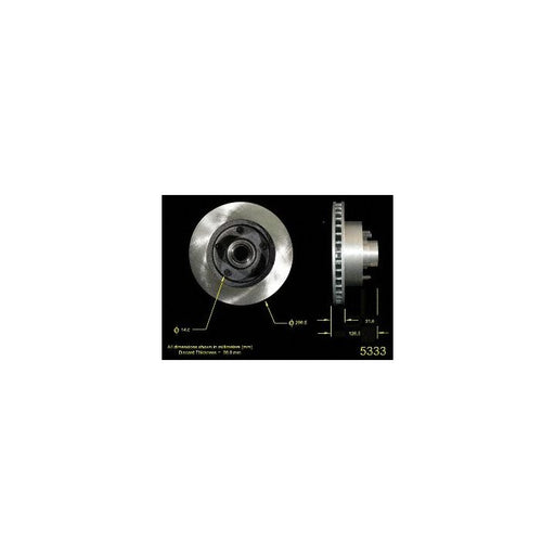 Front and side views of the 5333 Pro-Series OE Brake Rotor, with measurements and specifications labeled on a black background.