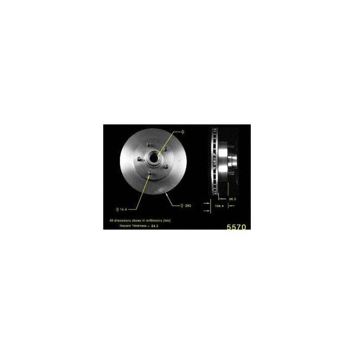 Two views of the 5570 Pro-Series OE Brake Rotor with measurements annotated. Numbers and text indicate dimensions and thickness.