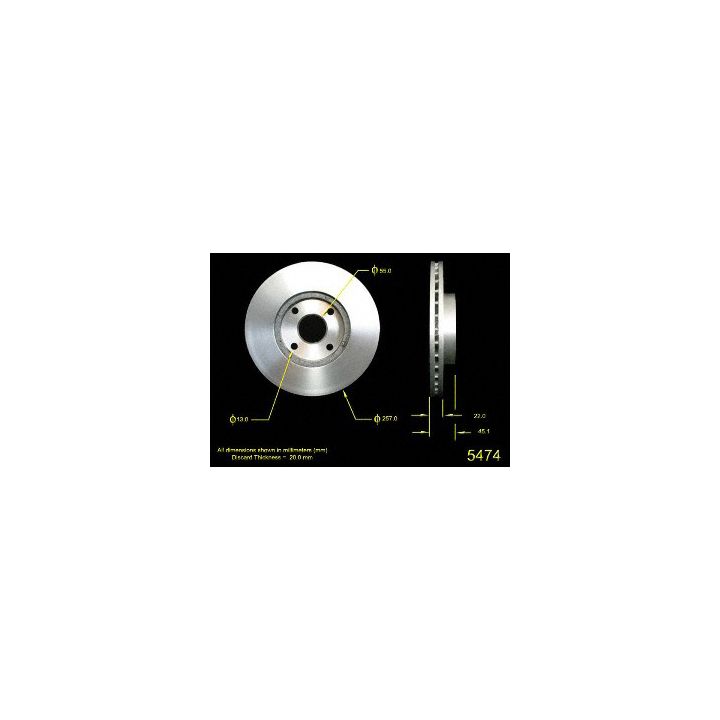 Image displaying the 5474 Pro-Series OE Brake Rotor with highlighted measurements in millimeters and annotated technical details.