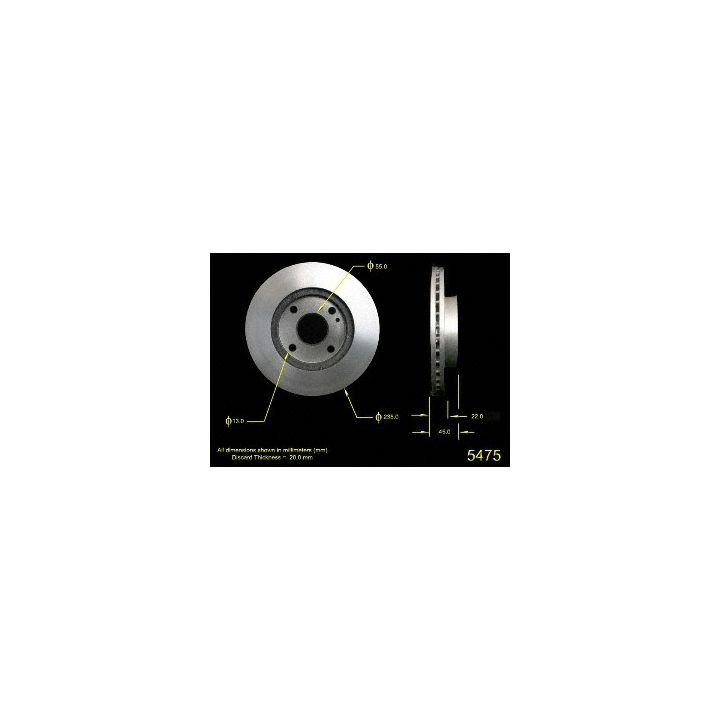 Two views of the 5475 Pro-Series OE Brake Rotor with labeled dimensions, including diameter, thickness, and minimum thickness.