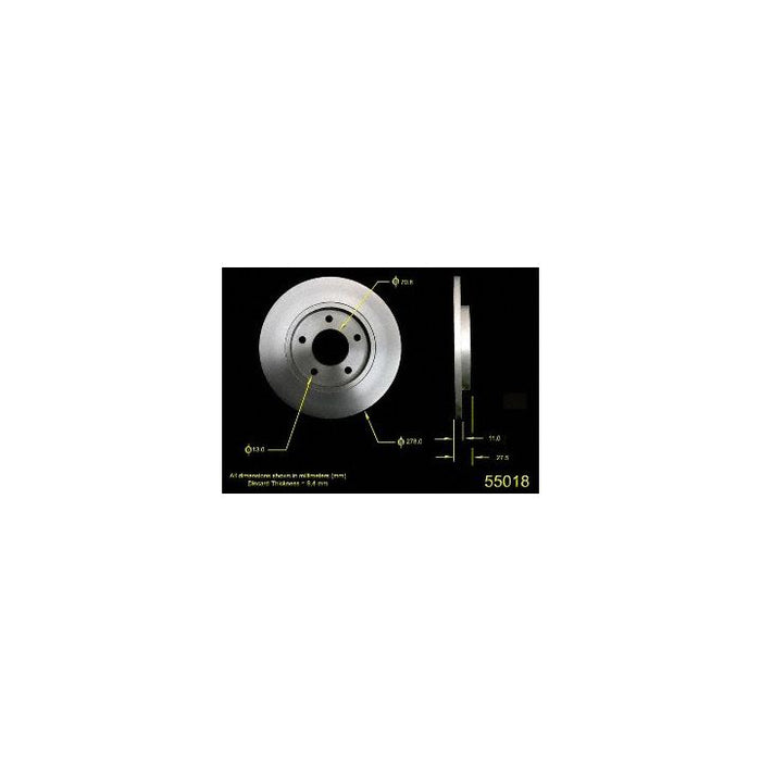 55018 Pro-Series OE Brake Rotor with labeled dimensions, including diameter and thickness, against a black background.