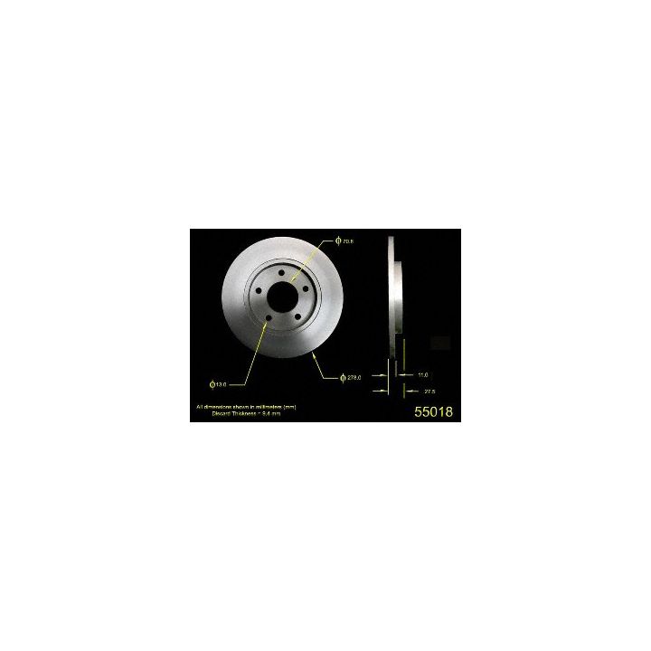 55018 Pro-Series OE Brake Rotor with labeled dimensions, including diameter and thickness, against a black background.