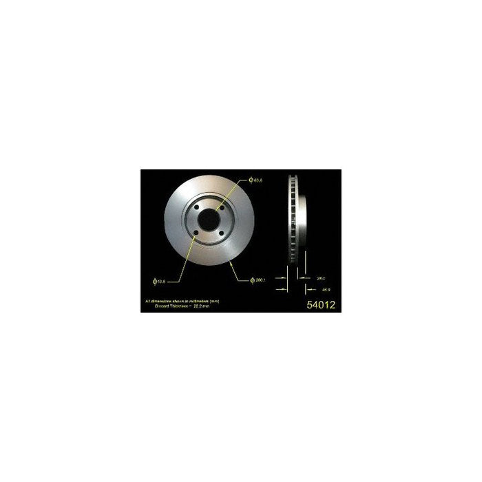 Diagram of a ventilated disc brake rotor with measurements highlighted, including bolt circle and thickness. Text: "54012 Pro-Series OE Brake Rotor".