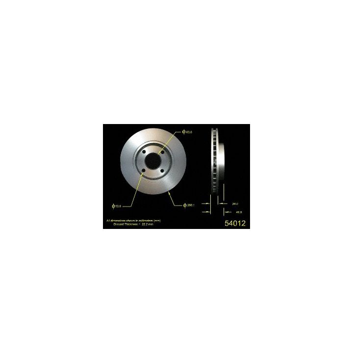 Diagram of a ventilated disc brake rotor with measurements highlighted, including bolt circle and thickness. Text: "54012 Pro-Series OE Brake Rotor".
