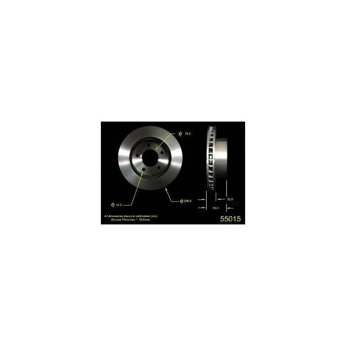 55015 Pro-Series OE Brake Rotor with specified diameter and thickness, presented from front and side views.