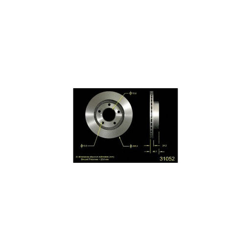 Diagram showing front and side views of the 31052 Pro-Series OE Brake Rotor with measurements and specifications labeled in millimeters.