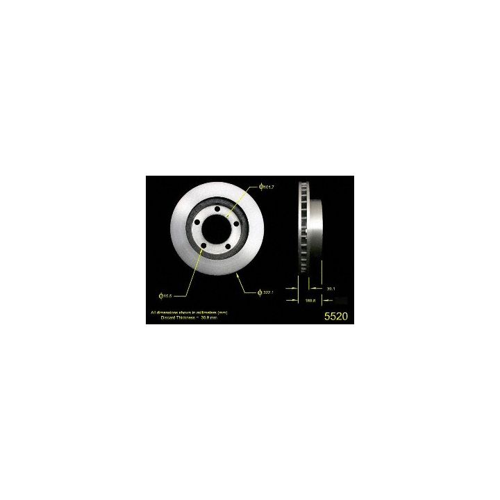 The 5520 Pro-Series OE Brake Rotor, showcasing its precise diameter and thickness specifications, is displayed on a black background.