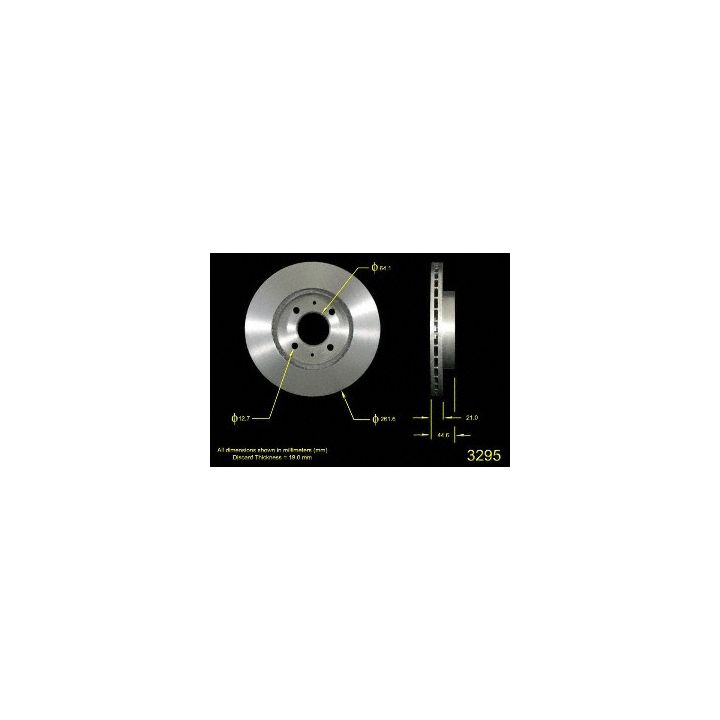 Illustration of the 3295 Pro-Series OE Brake Rotor with measurements indicated, including diameter, thickness, and additional dimensions.