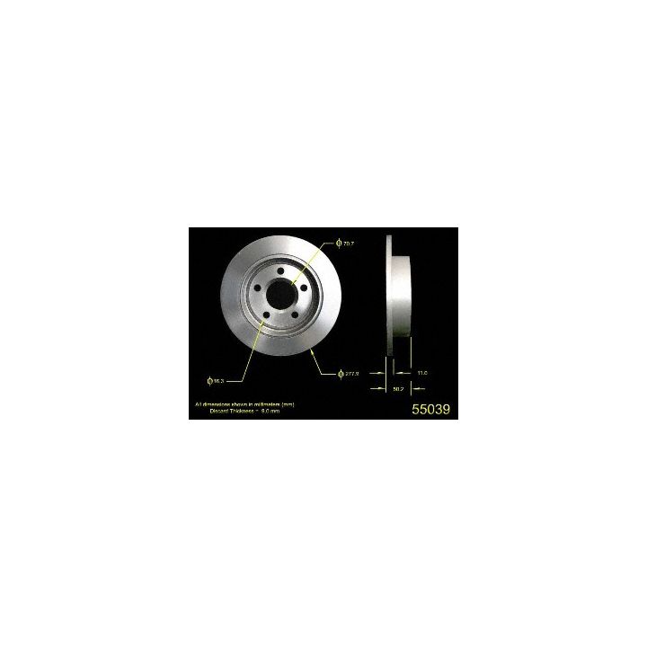 Technical diagram of the 55039 Pro-Series OE Brake Rotor with labeled dimensions and specifications on a black background.