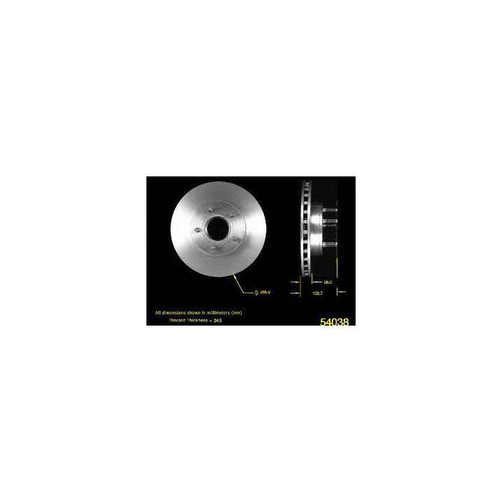 The 54038 Pro-Series OE Brake Rotor is displayed from the front and side, with dimensions indicated in millimeters.
