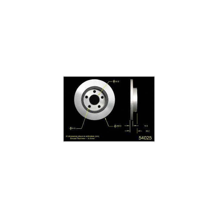 Diagram of the 54025 Pro-Series OE Brake Rotor in a circular design, with various measurements in millimeters labeled and highlighted by arrows.