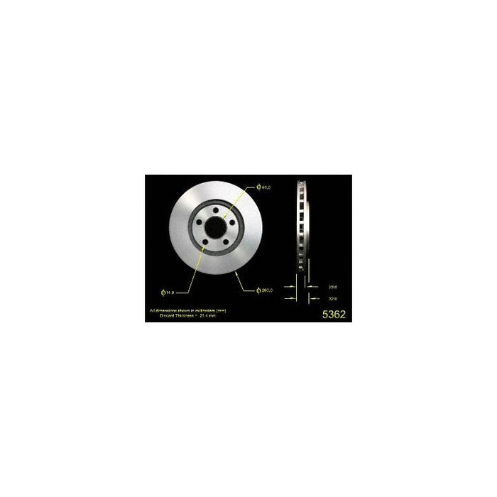 Specifications of the 5362 Pro-Series OE Brake Rotor are displayed with dimensions and annotations, including side and front views of the rotor.