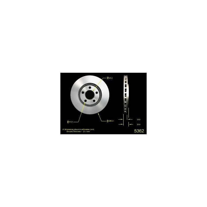 Specifications of the 5362 Pro-Series OE Brake Rotor are displayed with dimensions and annotations, including side and front views of the rotor.